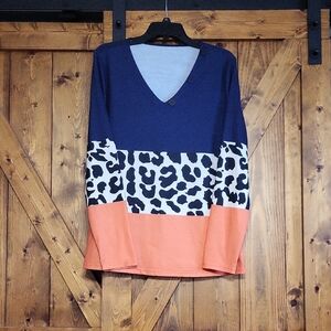 V-Neck Colorblock & Leopard Print Long Sleeve Top - Navy, Cream, Coral,p To p 20